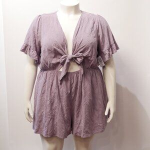 Torrid Plus Size 2X Purple Short Sleeve Tie Front Romper Rayon w/ Embroidery NWT